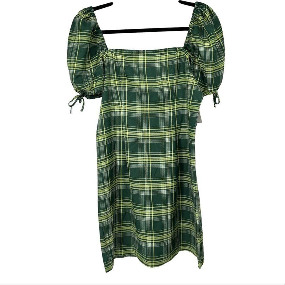 BP Green Yellow Plaid Academia Preppy‎ Puff Sleeve Mini Dress
